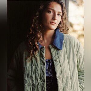 Christy Dawn Olive Green Quilted Utility Jacket with Blue Collar